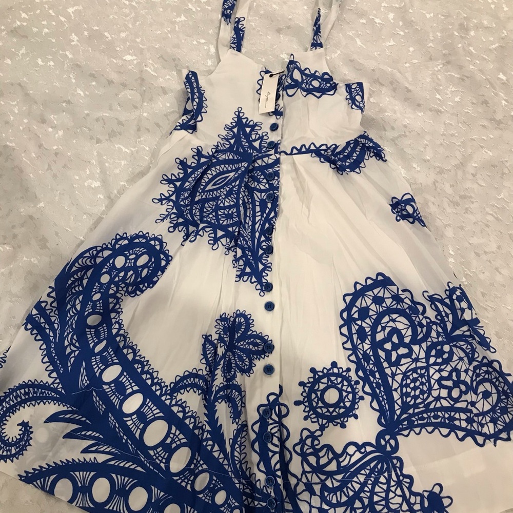 Bijou Sauvage White Sundress with Bold Cobalt Blue Lace Print NWT size 12